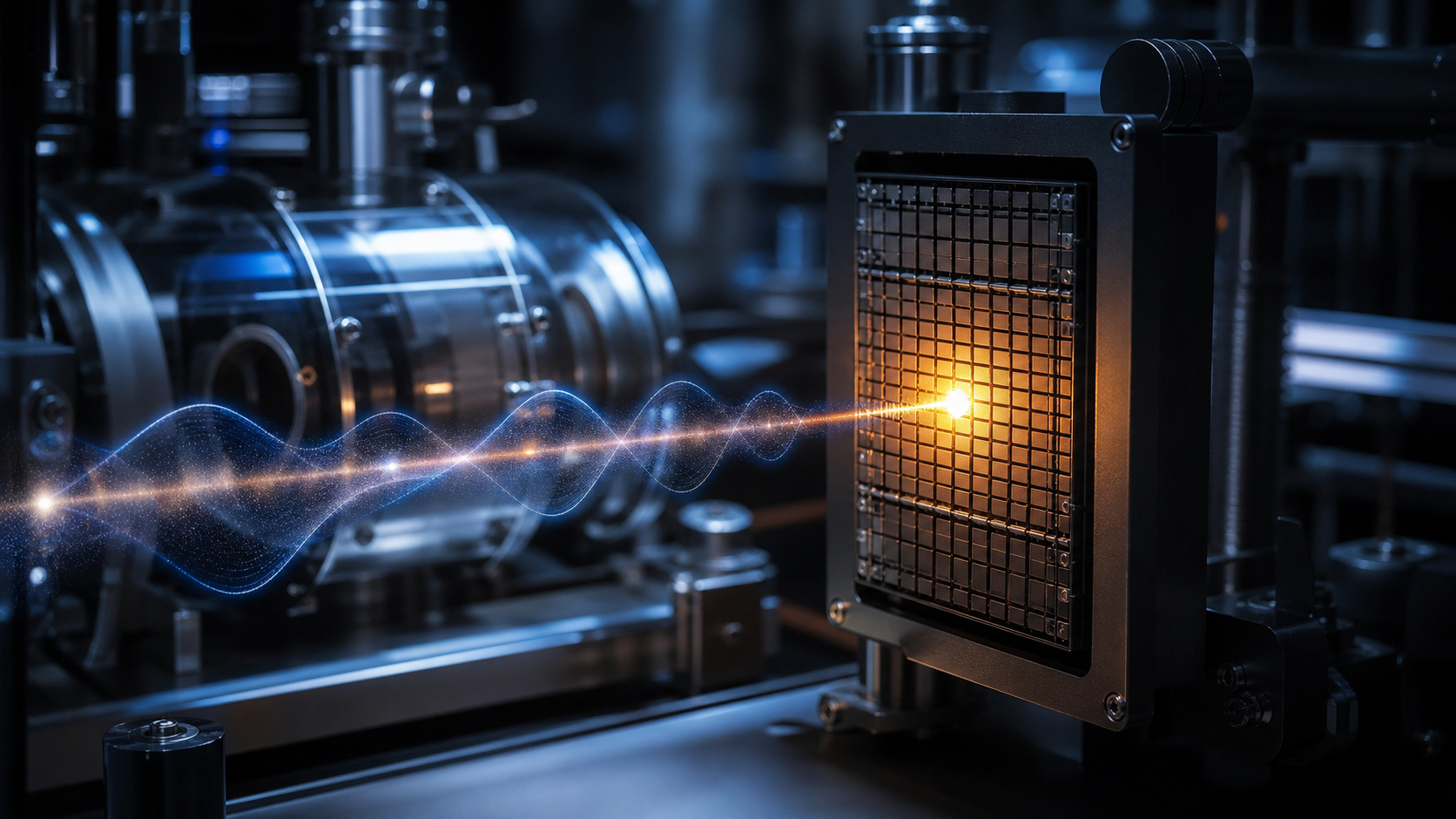 Glowing quantum wave packet striking a detector in a modern laboratory