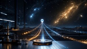 Quantum particle branching into glowing probability paths in a modern physics lab