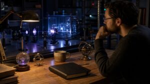 Study desk beside an optics bench with blank notebook and quantum lab equipment