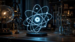 Glowing atom-like light sculpture with orbital paths in a physics laboratory.