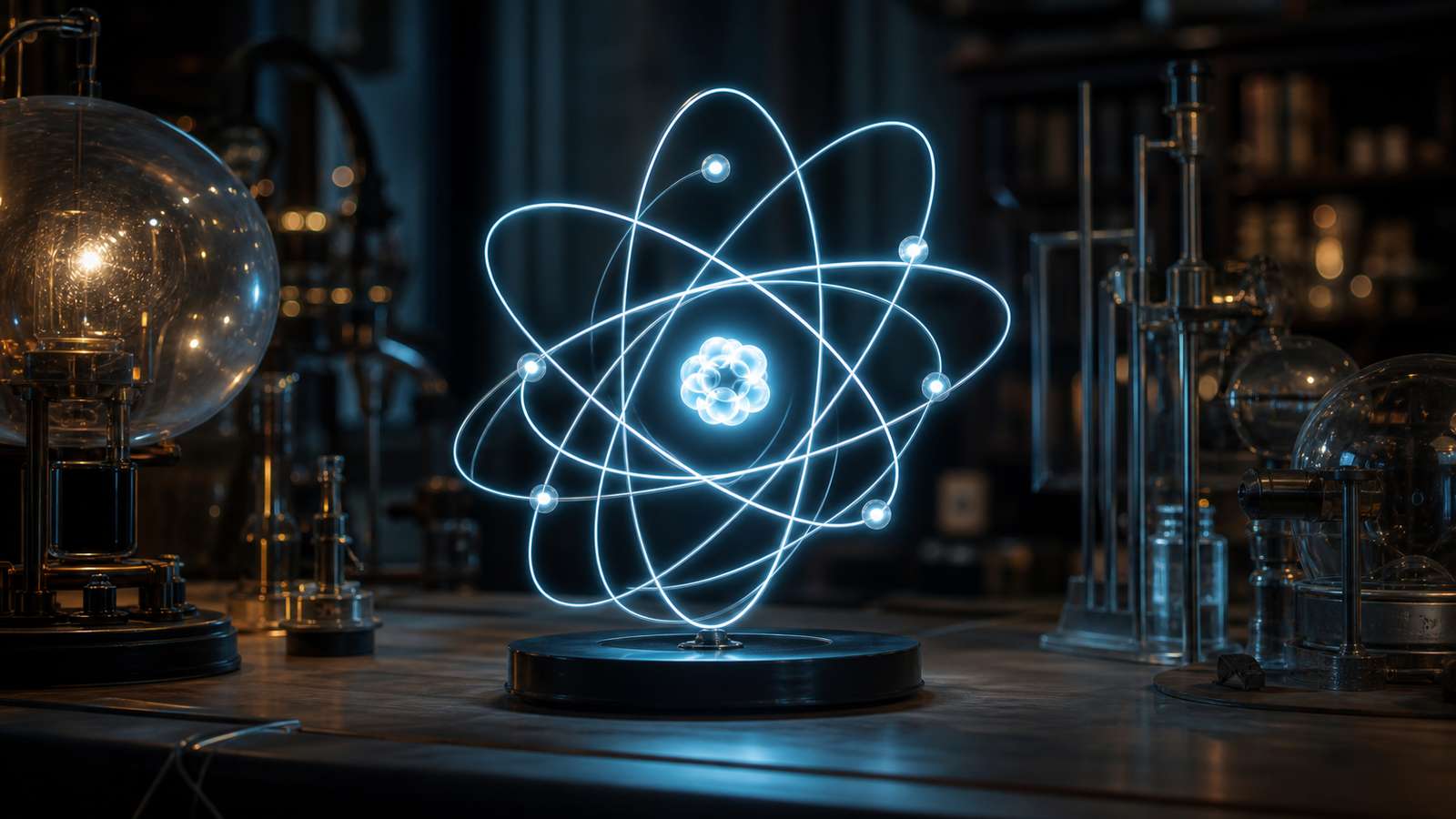 Glowing atom-like light sculpture with orbital paths in a physics laboratory.