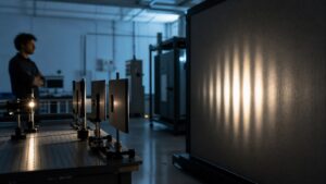 Unmarked detector wall in an optics lab showing a faint measurement pattern for a Copenhagen observation article.