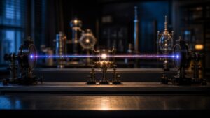 Separated laboratory detectors receiving paired beams from a central source to represent the EPR entanglement debate.