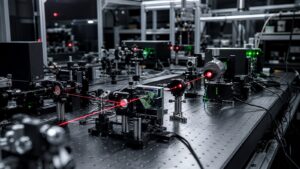 Bell-test style optics bench with separated detector stations and beam splitters