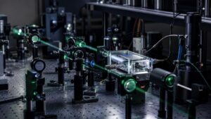 Optical interferometer with mirrors and a sealed sample stage in a quantum lab