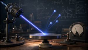 Blue-violet light striking a metal surface and releasing electrons in a photoelectric effect illustration.