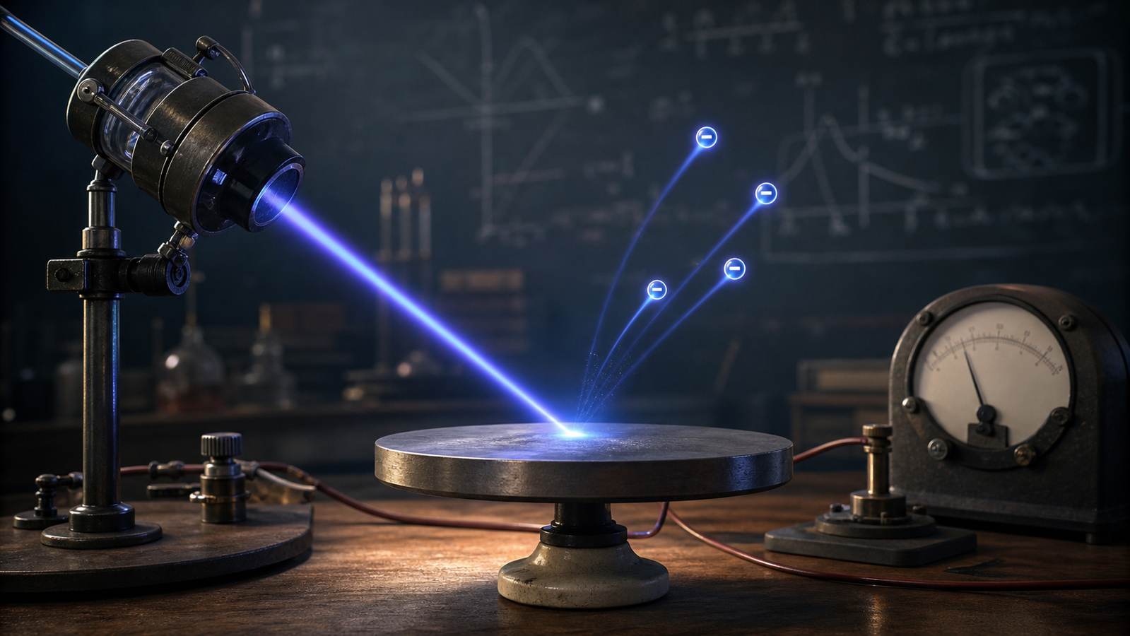 Blue-violet light striking a metal surface and releasing electrons in a photoelectric effect illustration.