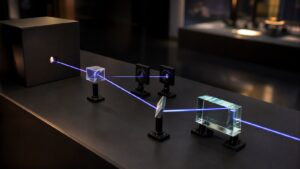 Museum-style quantum exhibit with sealed box, detectors, and optics representing beginner quantum paradoxes.