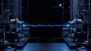 Two separated detector stations connected by a faint blue luminous thread in a laboratory.