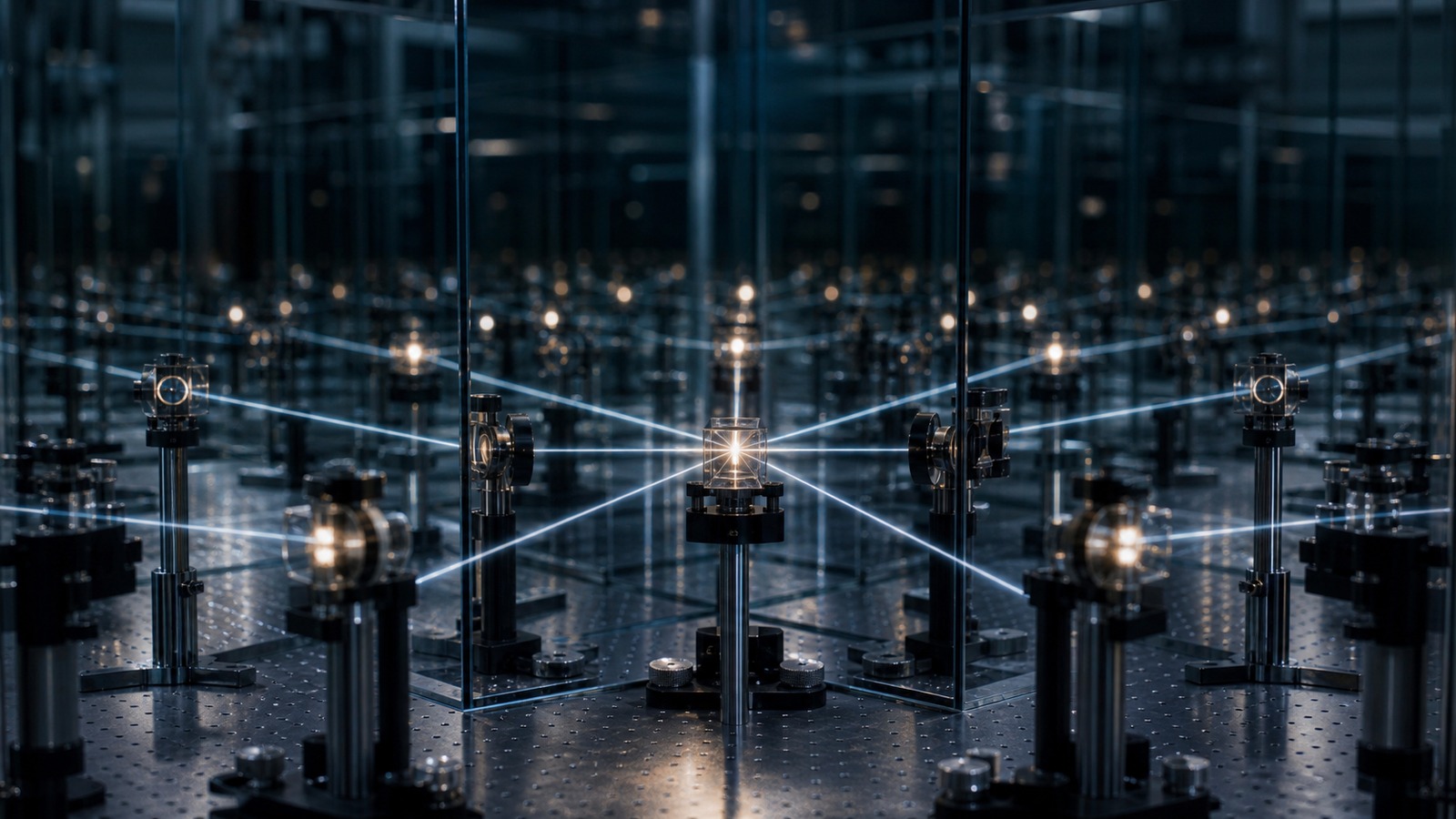 Optics laboratory with reflected light paths suggesting branching quantum outcomes