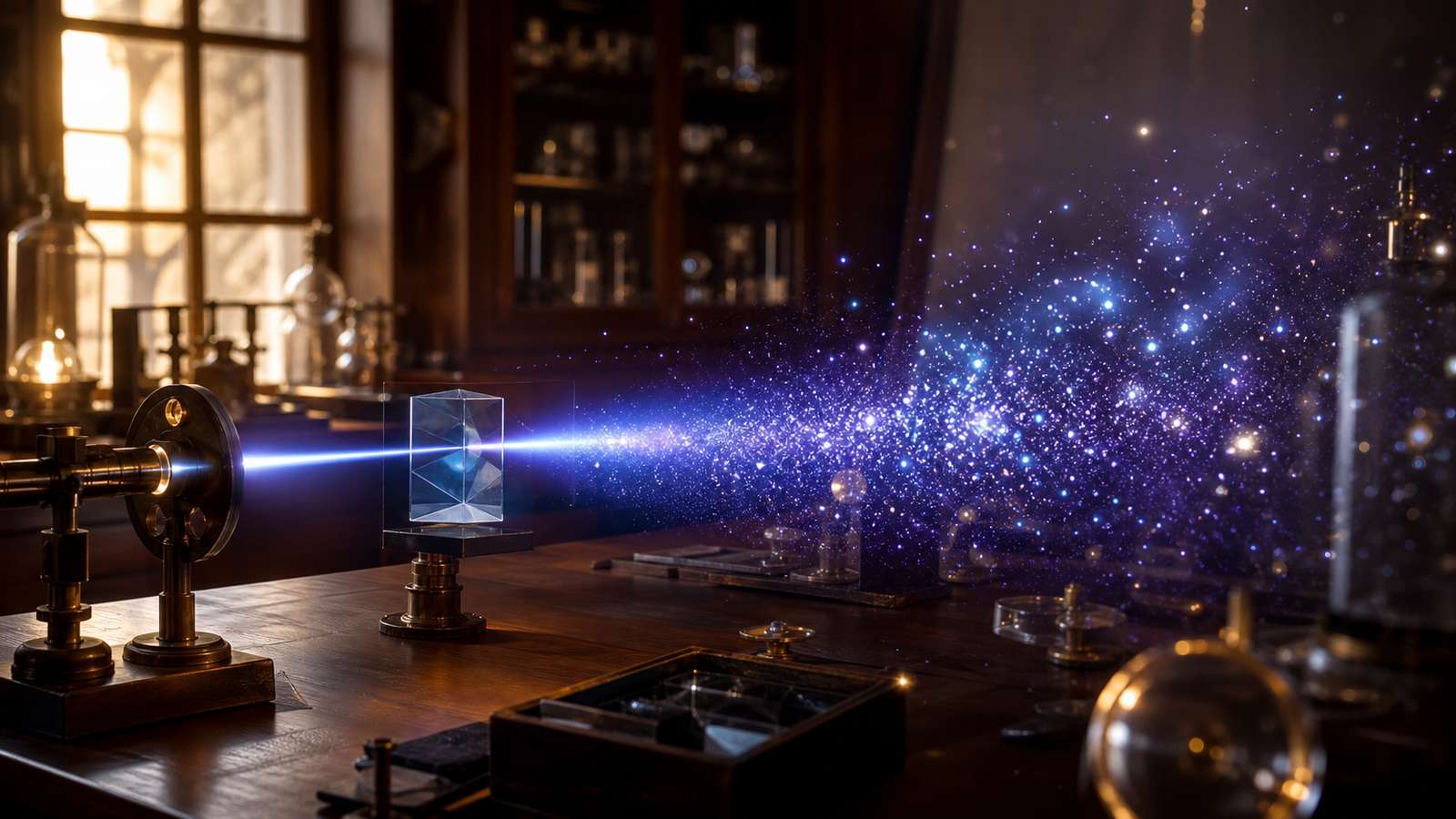 Light passing through laboratory optics into a glowing cloud of quantum-like particles.