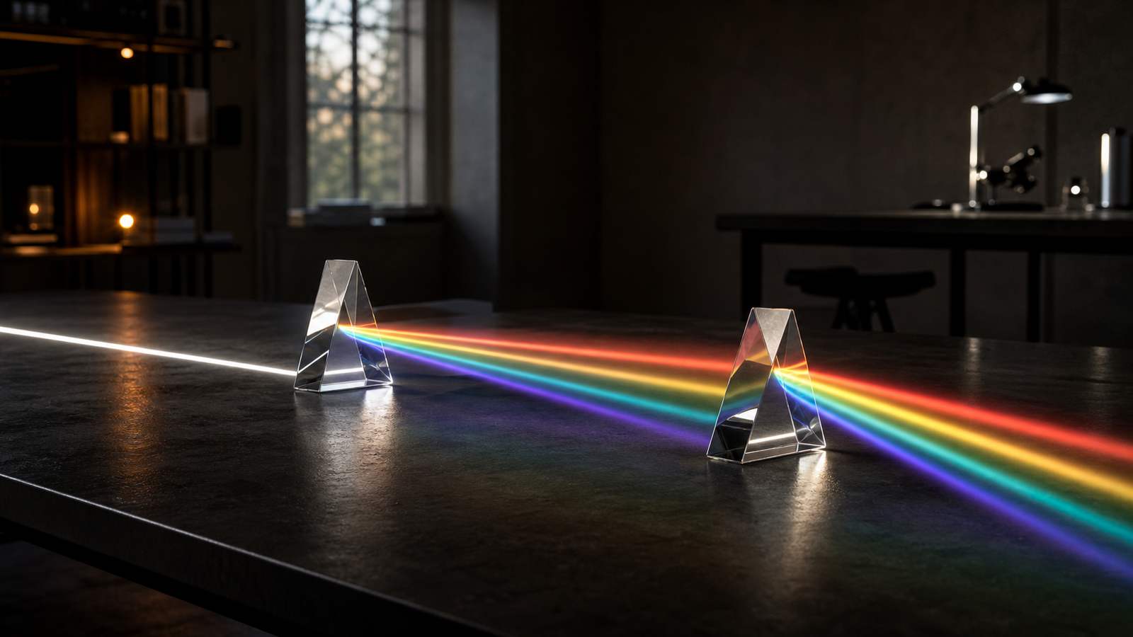 A single light beam splitting into several luminous paths in a modern physics study.