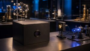 Sealed laboratory box with detectors and optics representing Schrodinger's cat and quantum measurement.