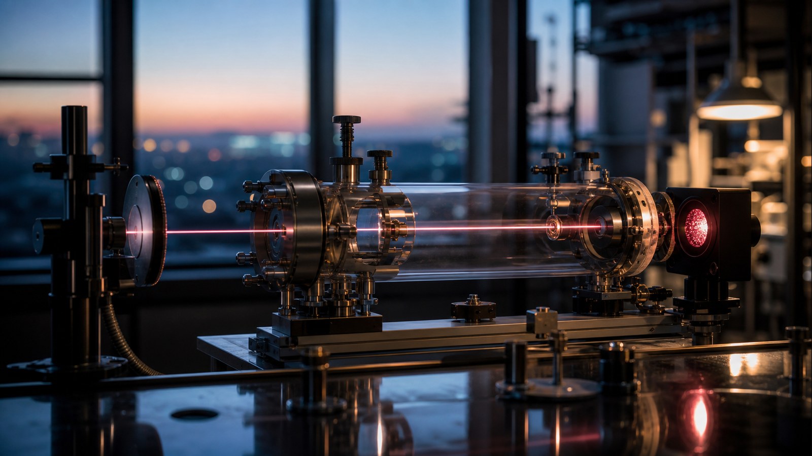 Optics laboratory apparatus with a beam of light entering a detector in a Copenhagen interpretation themed image.