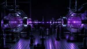 Two separated glass chambers in a dark quantum optics laboratory