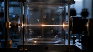Suspended particles in a glass chamber with one particle sharply lit by a measurement beam