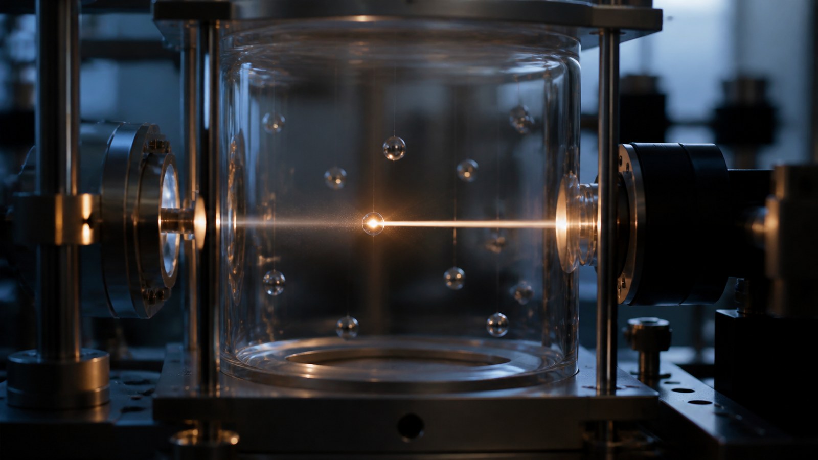 Suspended particles in a glass chamber with one particle sharply lit by a measurement beam
