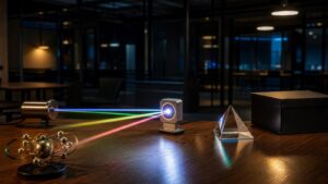 Tabletop science scene with multiple light paths converging on a detector to represent many quantum interpretations.