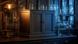 A closed laboratory cabinet split by warm and cool light beside precision detector glassware.