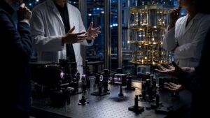 Scientists discussing quantum lab apparatus beside an optics bench