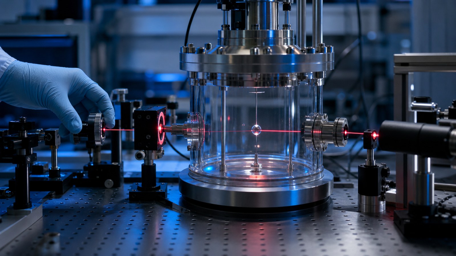 Laser probe passing through a tiny chamber on a precision optics table