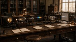 Long early physics bench with unlabelled quantum discovery apparatus stations