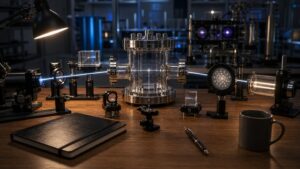 Clean laboratory study table with quantum optics instruments and blank notebooks