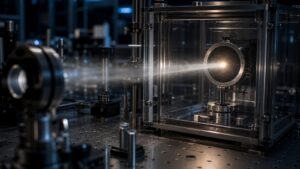 Reflective optics lab showing one quantum beam leading to separated detector records