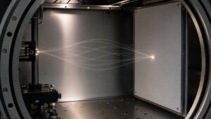 Unmarked detector chamber with one visible dot and faint overlapping paths before it