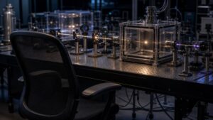 Empty observer chair beside a sealed quantum optics measurement chamber