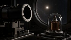 Unmarked quantum apparatus beside a dark observatory window