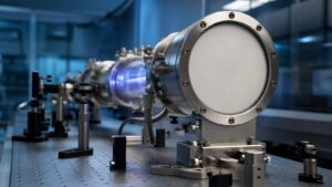 Blank precision timing lab with faint beam path and unmarked instruments