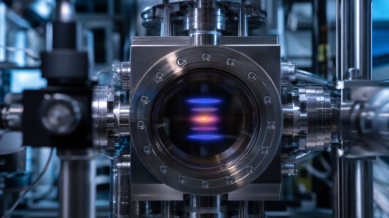 Unmarked atom-like laboratory display with separated glowing energy levels