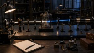 Precision optics setup with two measurement paths aimed at a sealed chamber