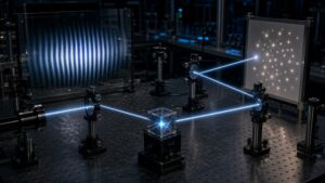 Quantum optics interferometer showing a beam path toward a blank detector plate