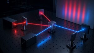 Laser optics bench with coherent beams and blank photon detectors