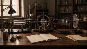 Period atomic spectroscopy setup with brass apparatus and blank notebooks