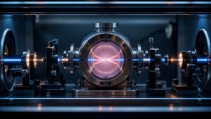 Unmarked vacuum chamber holding a delicate coherent glow between two optical paths