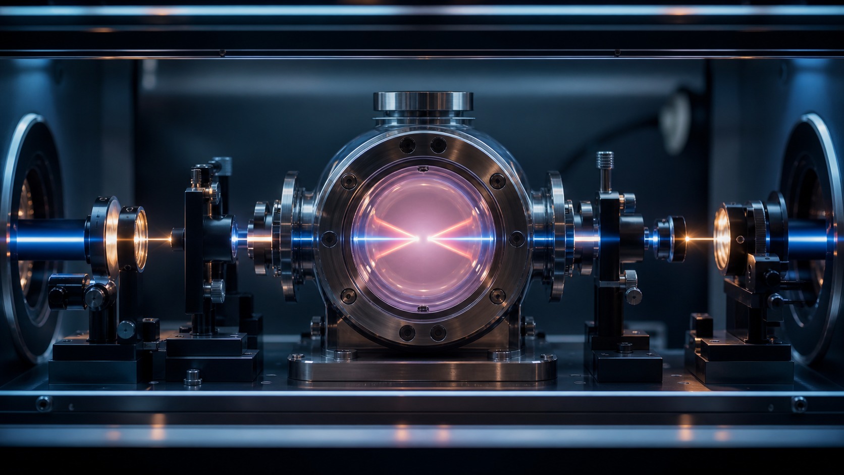 Unmarked vacuum chamber holding a delicate coherent glow between two optical paths