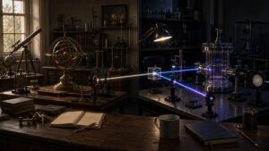 Classical instruments contrasted with a quantum optics chamber in a period lab