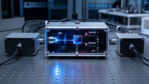 Unmarked quantum technology lab with photon source and blank detector module
