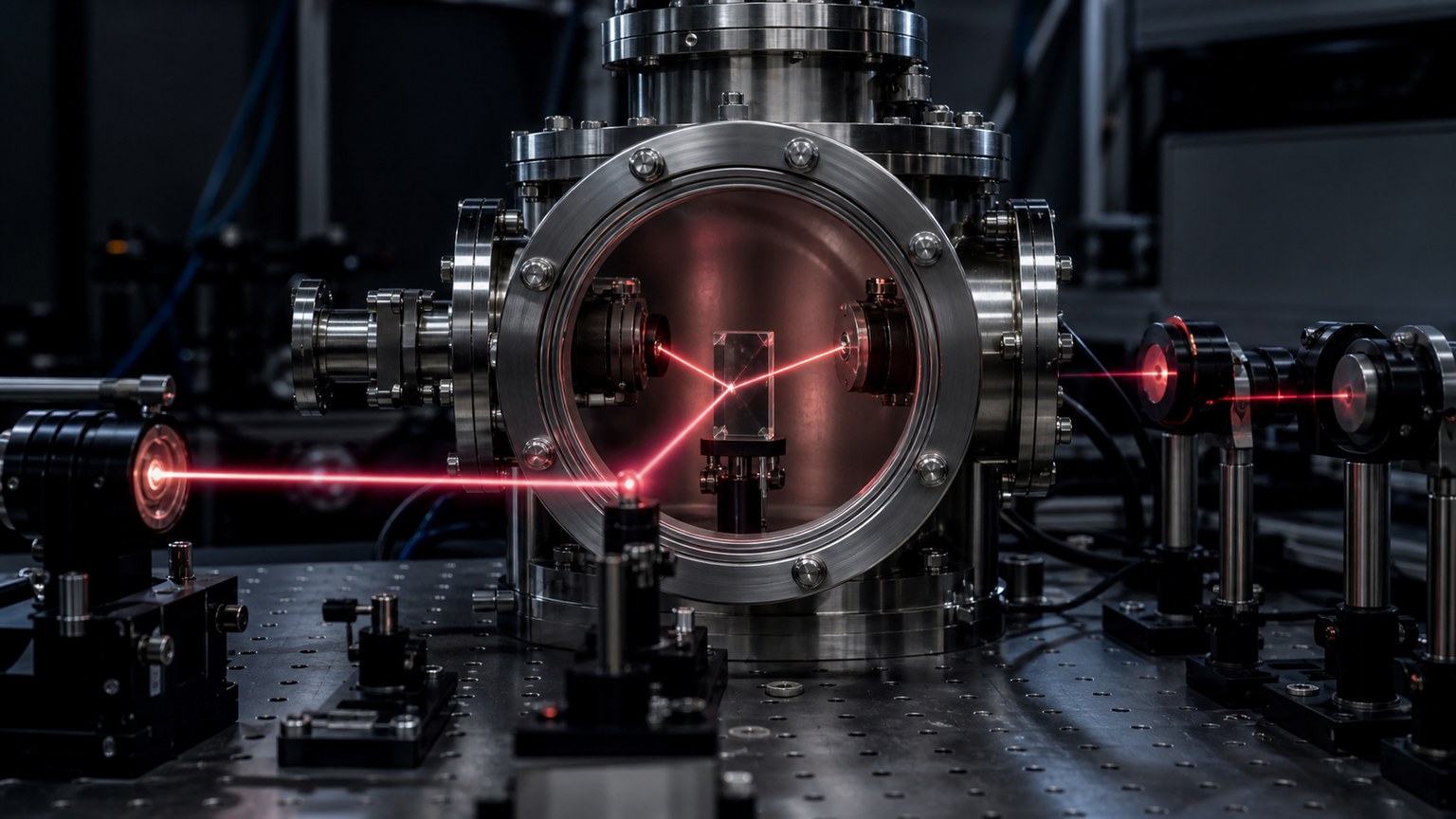 Unmarked laboratory optical table preparing a single glowing quantum sample