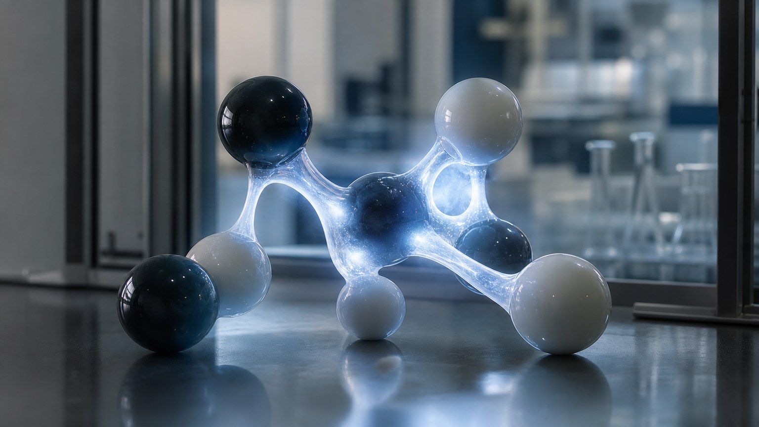 Unmarked molecular model scene with soft electron-density glow between atoms
