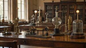 Early twentieth century physics laboratory with brass instruments and glass apparatus
