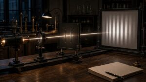 Double-slit optics setup with a beam passing through a slit barrier to a blank detector