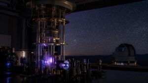 Unmarked observatory-like lab scene with quantum apparatus under a dark sky