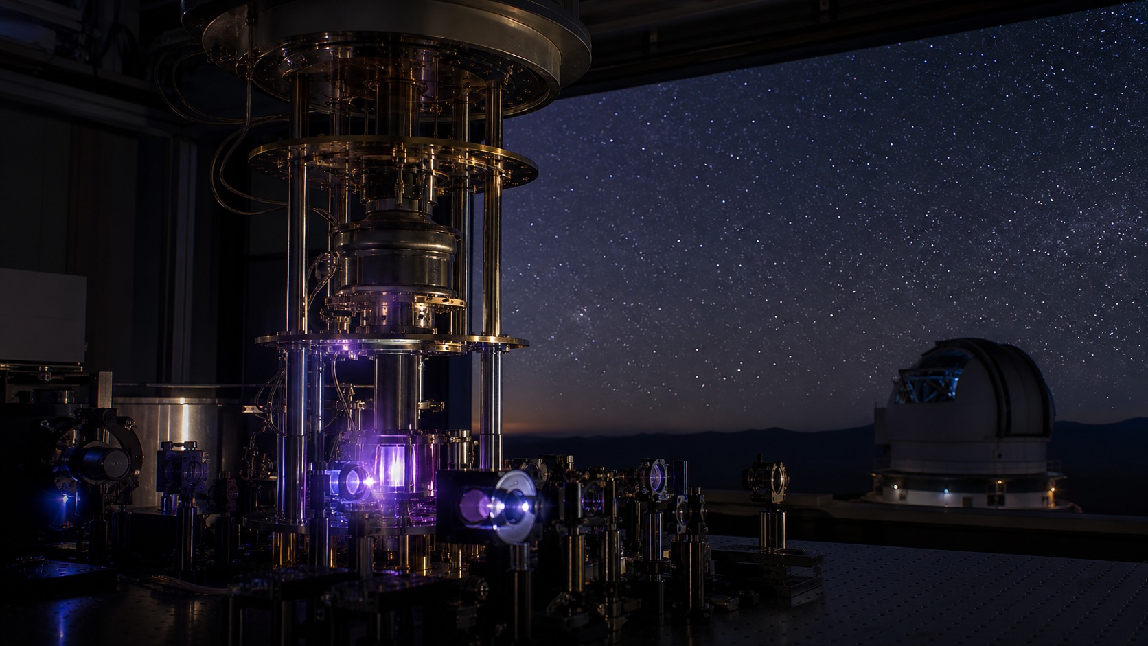 Unmarked observatory-like lab scene with quantum apparatus under a dark sky