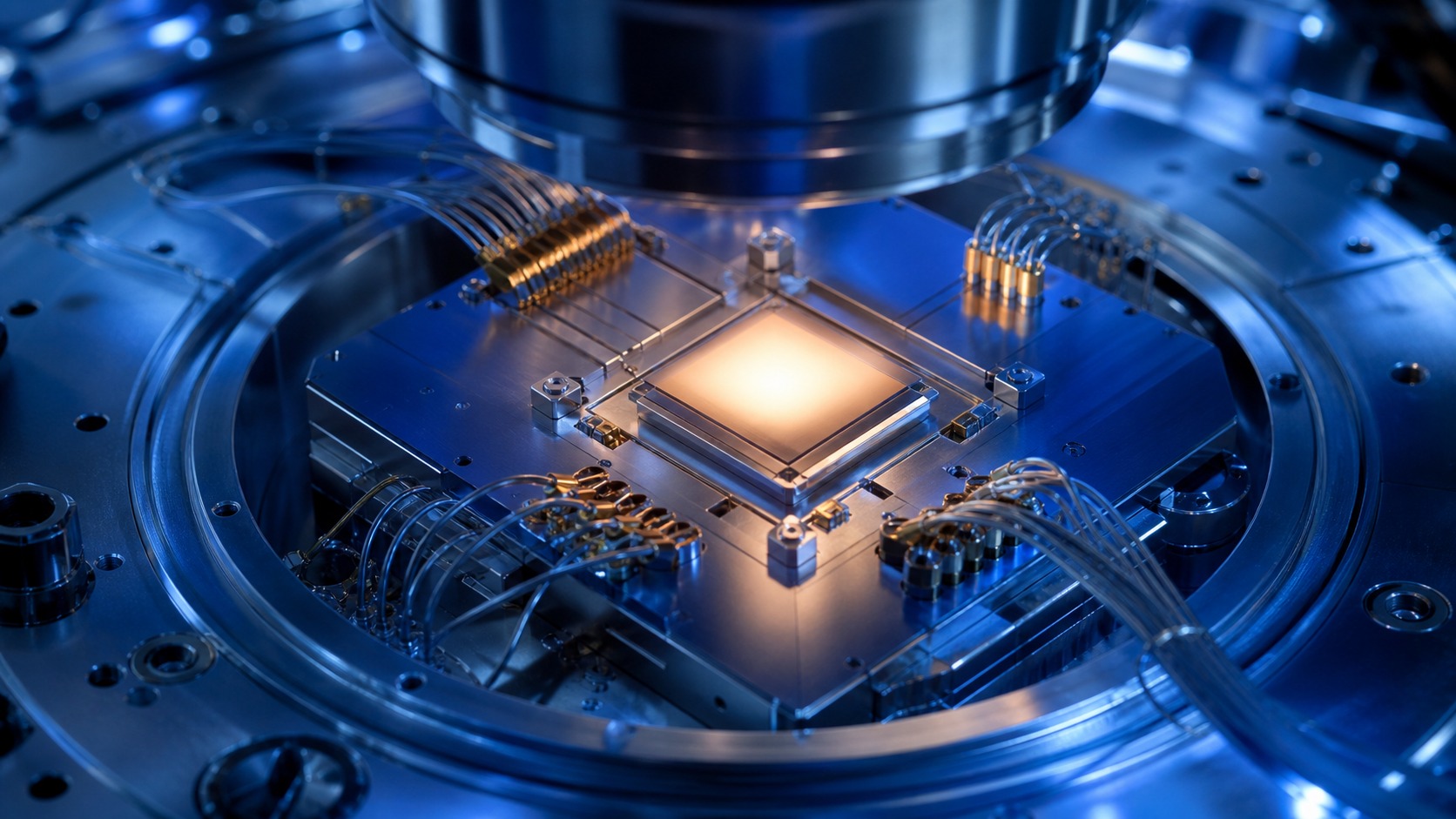 Unmarked close view of a quantum chip with one softly lit central qubit region