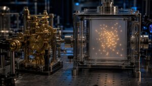 Quantum lab scene contrasting precision gears with scattered detector light events