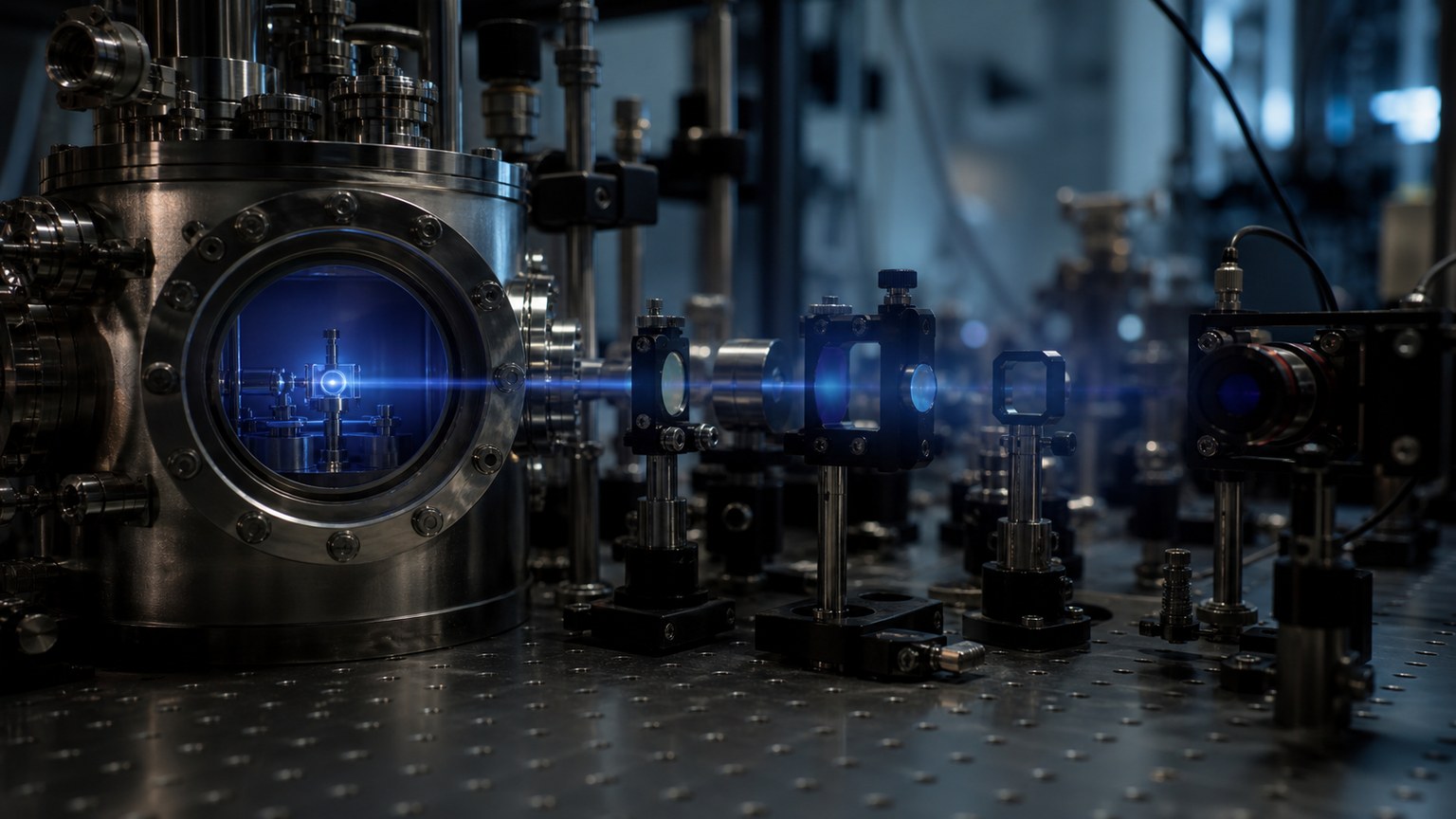 Unmarked quantum apparatus where a delicate glow fades into surrounding laboratory light
